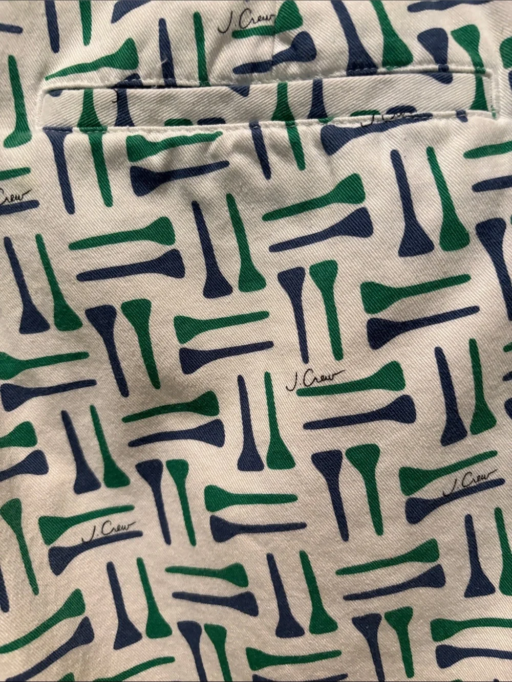J. Crew White Shorts with Green & Navy Geometric Print